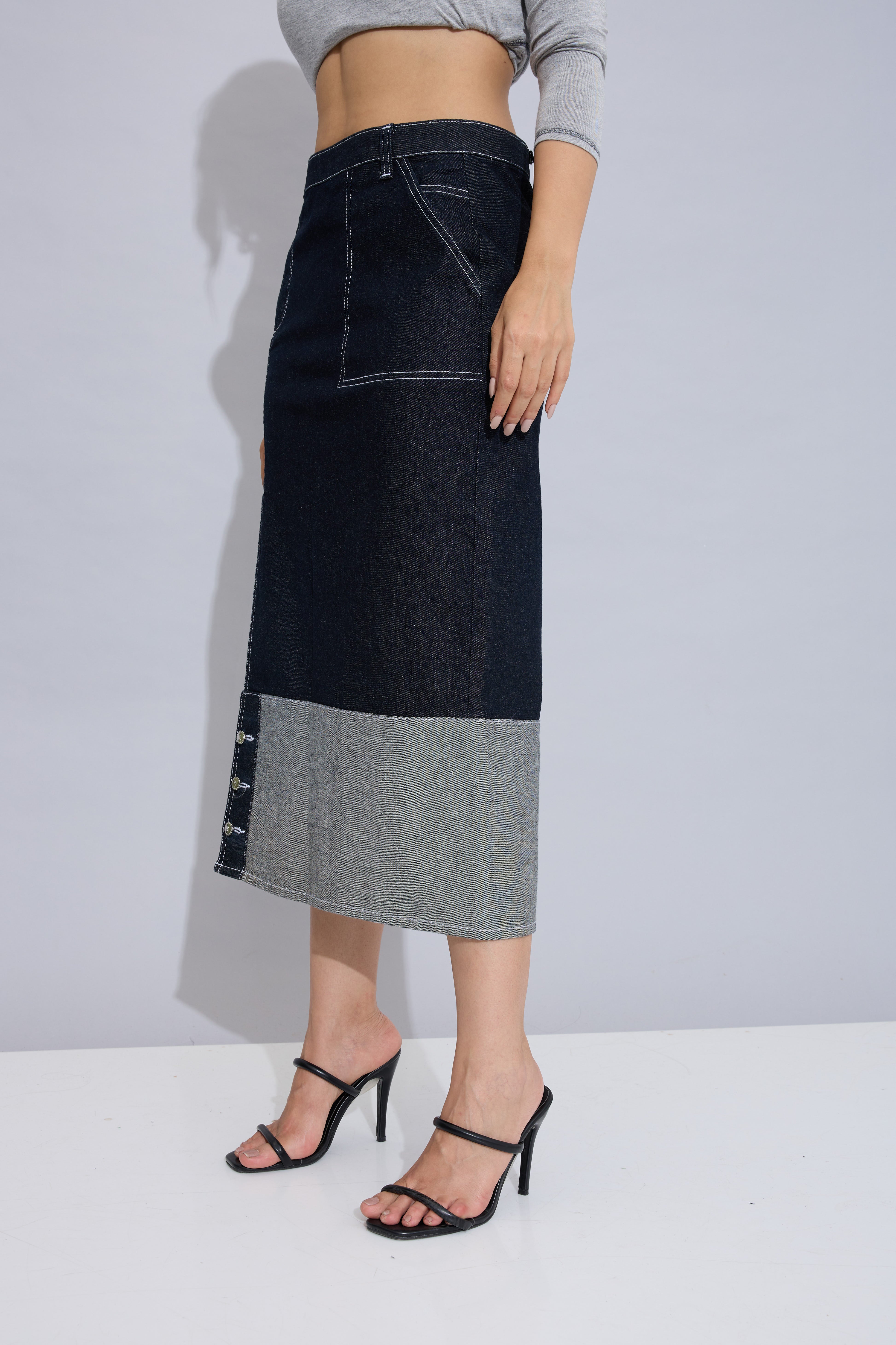 Split Stitch Denim Midi
