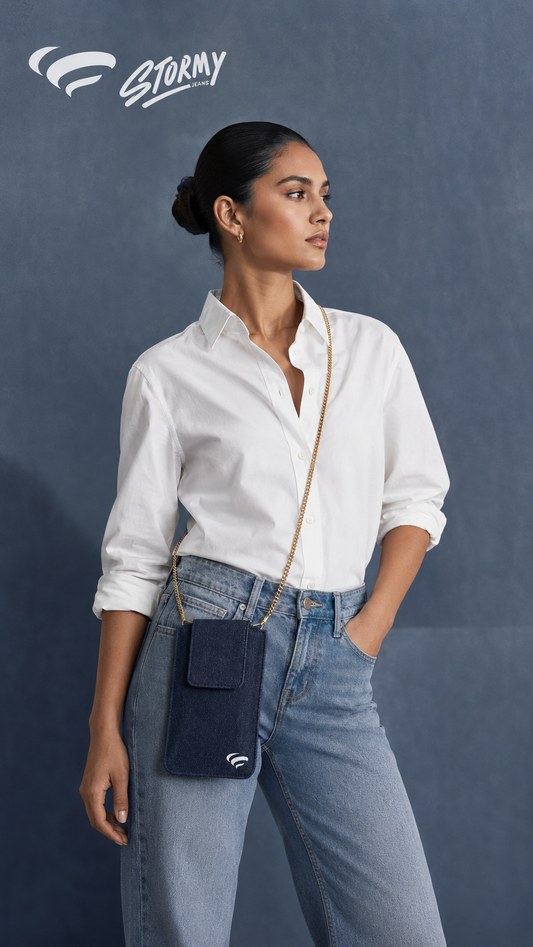Denim phone sling bag with gold-tone chain, front flat lay